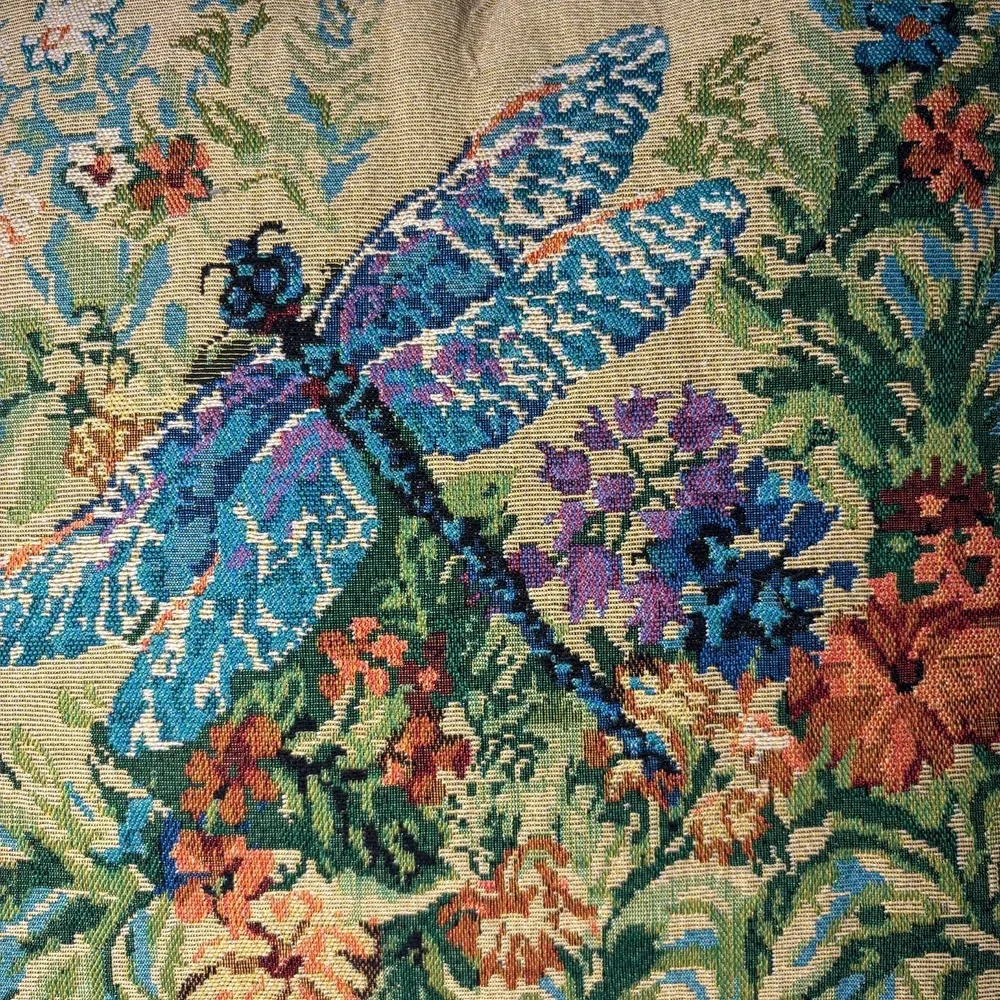 Floral Butterfly/ Dragonfly Tapestry Square Pillow Roped Gold Lining Embroidered